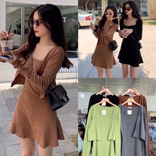 [Ảnh thật/Video]Set váy 2s kèm cadigan chất thun lạnh Quảng Châu