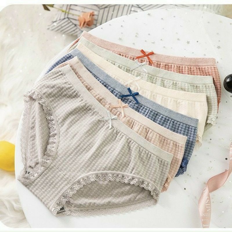 Hộp 5 quần lót cotton kẻ ô nhỏ đính nơ viền ren co giãn ôm mông