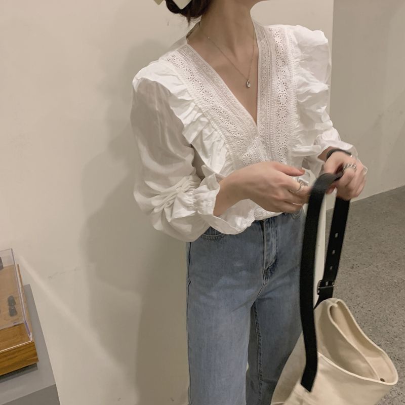 Áo Kiểu Nữ V-neck Lace Shirt Ruffle Temperament Long Sleeve Top