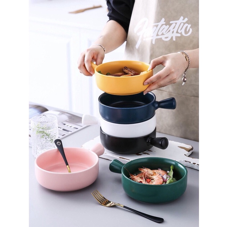 Bát Sứ Có Tay Cầm - Thố Sứ Cao Cấp Đường Kính 15cm Hàng Loại 1 Dùng Được Lò Vi Sóng, Lò Nướng