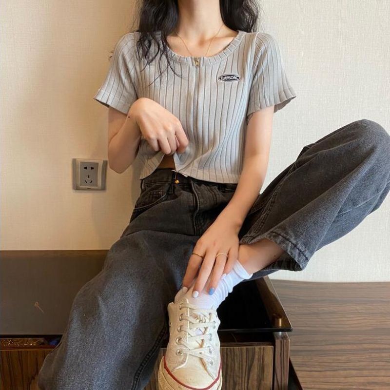 Áo crotop ngắn tay có khoá kéo phong cách hàn quốc trẻ trung cho mùa hè sành điệu