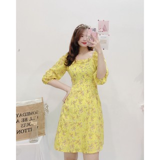 ĐẦM HOA NHÍ VOAN 2 LỚP CỔ BÈO TAY NGẮN DÁNG XÒE CÓ DÂY CỘT EO-hình thật shop chụp