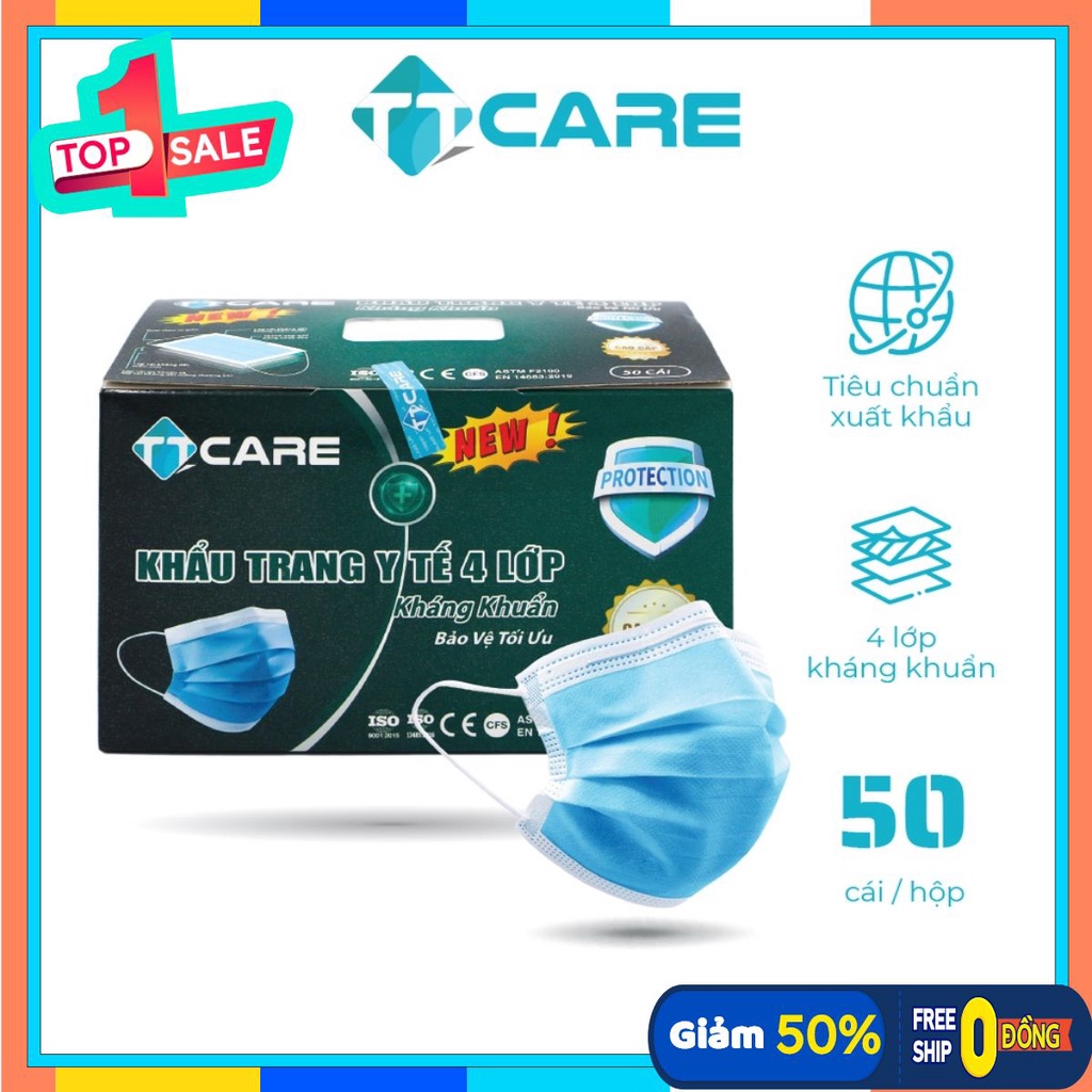Khẩu Trang Y Tế 4 Lớp Siêu Kháng Khuẩn TTCARE Lọc Sạch Bụi Mịn Bảo Vệ Sức Khỏe Hiệu Quả Hộp 50 cái