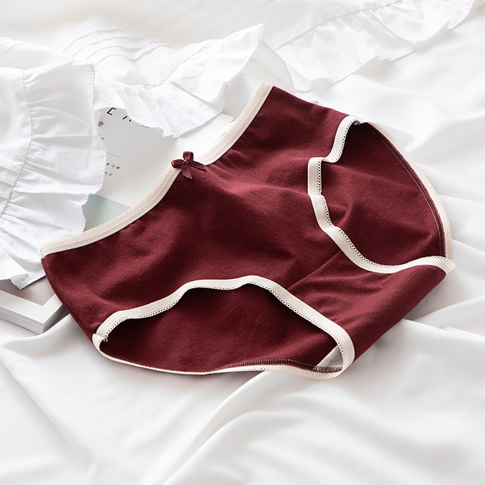 Quần Lót Cotton Thoáng Khí Lưng Vừa Đính Nơ Màu Đỏ Rượu Vang Dễ Thương Cho Nữ