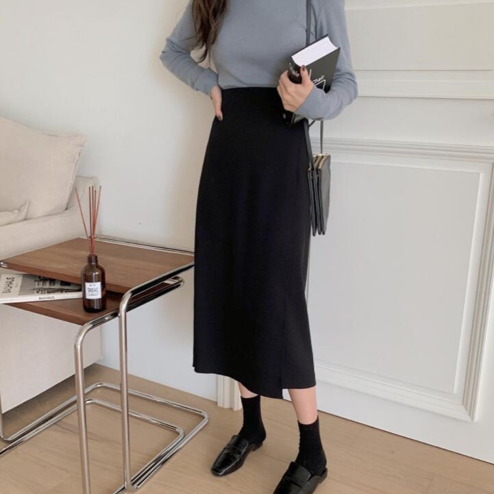 SUXI Chân váy midi dáng chữ A lưng cao màu đen phong cách Hàn Quốc