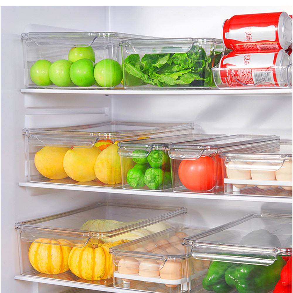 Khay tủ lạnh trong suốt cao cấp có nắp đậy tay cầm thông minh, ngăn hộp đựng thực phẩm giúp tủ lạnh trở nên gọn gàng