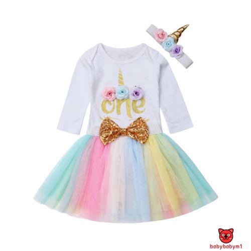 ☀Sun❤3PCS Baby Girl 1st Birthday Outfit Party Unicorn Romper Cake Smash Tutu Dress