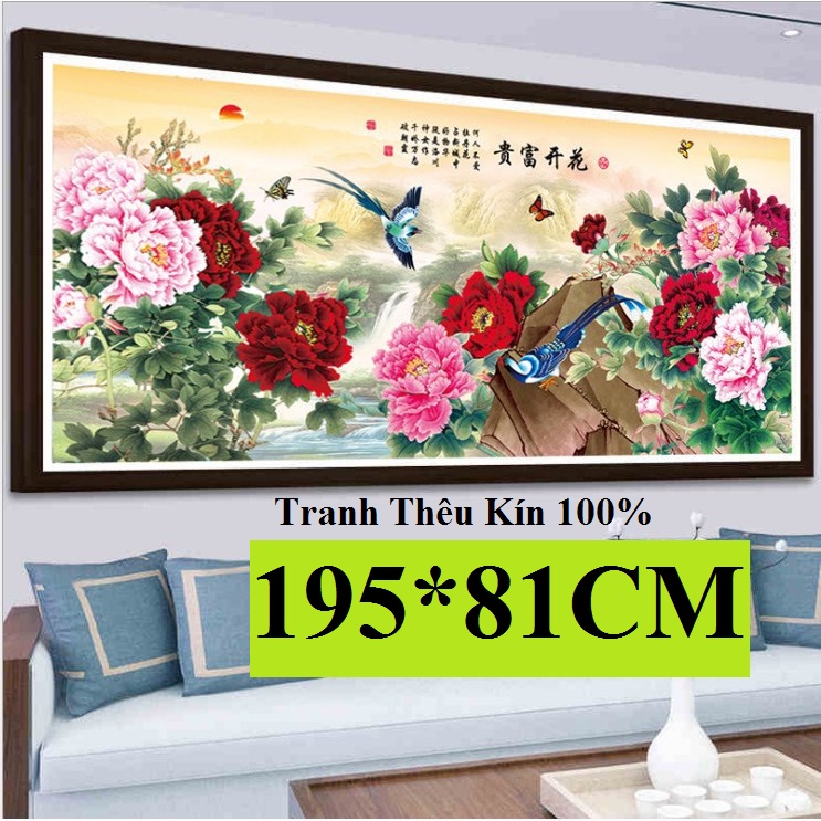 Tranh thêu chữ thập hoa mẫu đơn tuyệt đẹp thêu kín hàng loại 1