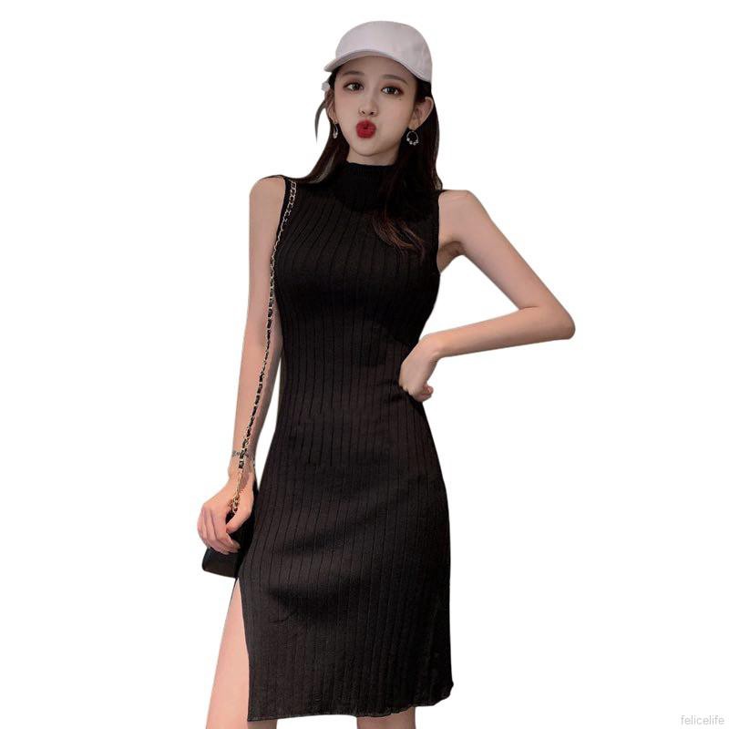 Round Neck Knit Women Slit Dress Novel Chic Solid Color Sleeveless Knee-length | BigBuy360 - bigbuy360.vn