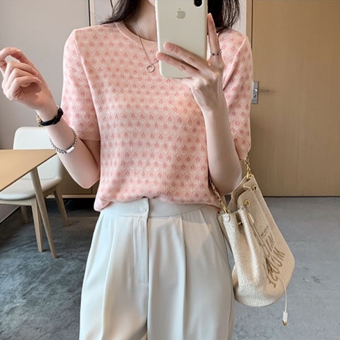 [Hana And Alice] Áo Thun Dệt Kim Ngắn Tay Dáng Rộng In Họa Tiết / Dễ Phối Đồ