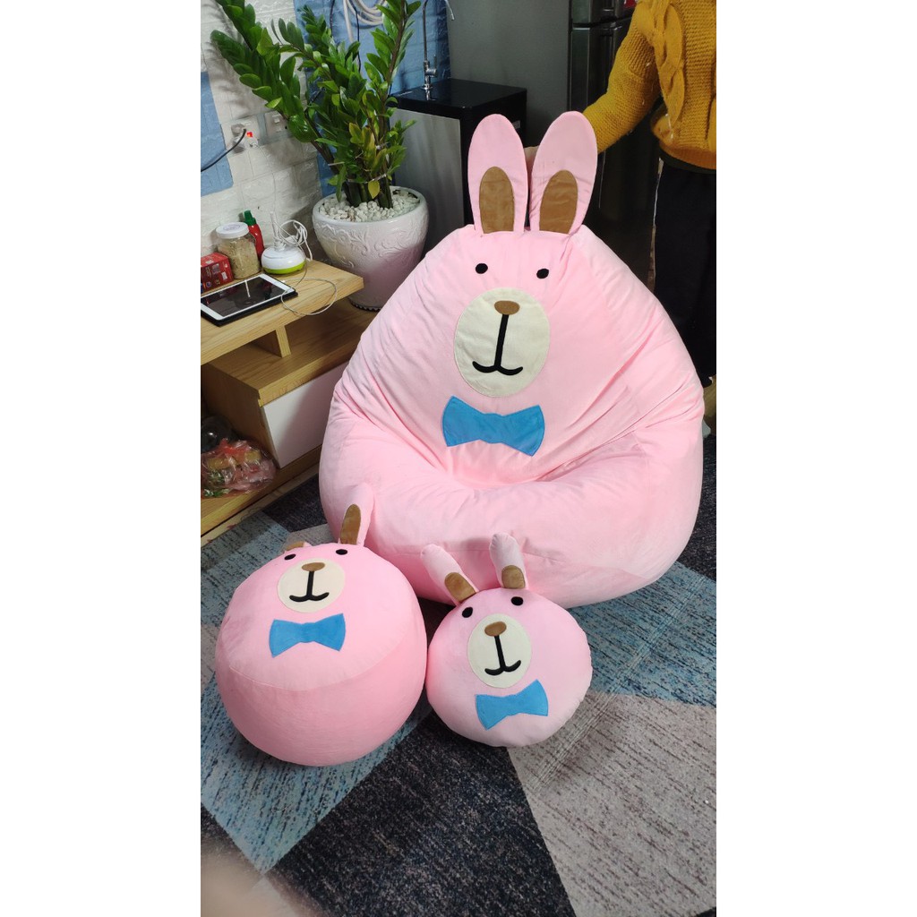 Ghế xốp dáng lê hình chú thỏ hồng kích thước size S, chất vải nhung lạnh Hàn quốc (đã có hạt xốp)