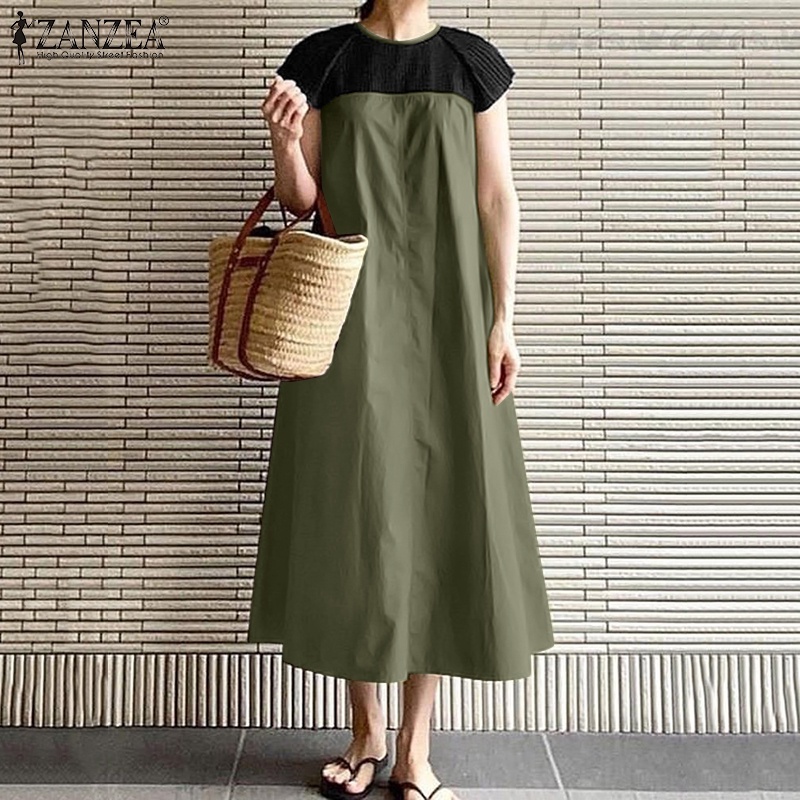 Đầm dài ZANZEA tay ngắn xếp ly màu tương phản phong cách Hàn Quốc thời trang cho nữ
