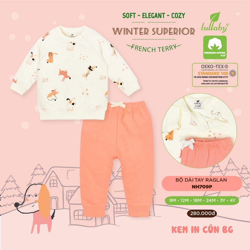 Bộ dài tay raglan Lullaby vải nỉ da cá cho bé