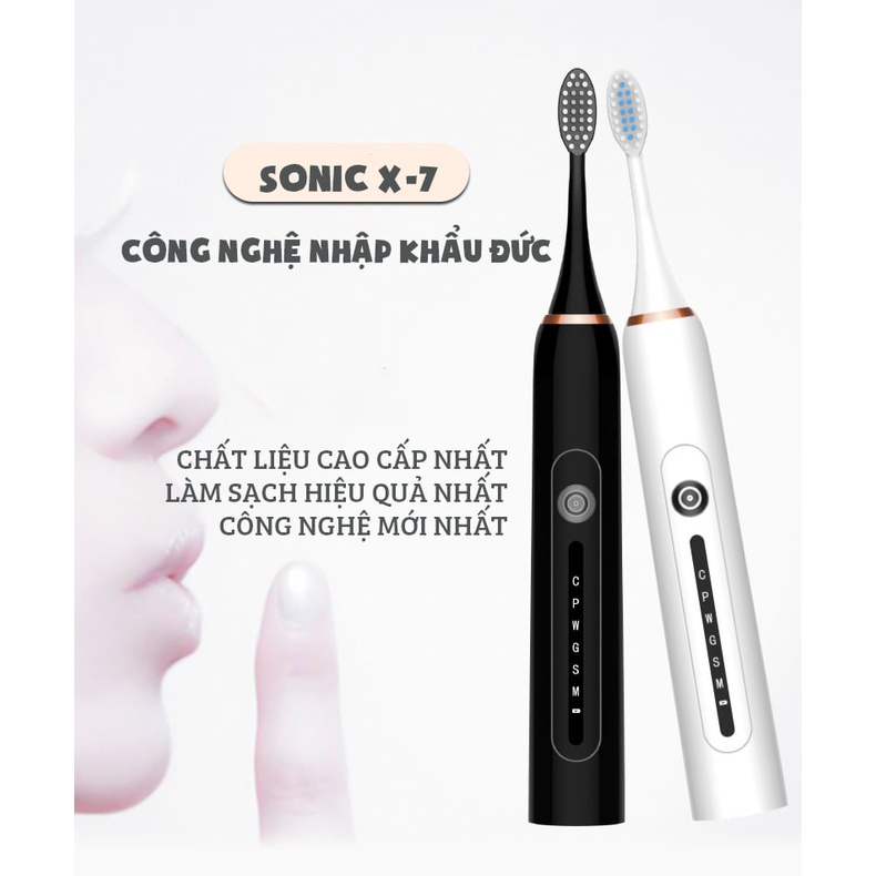 Bàn Chải Điện Sonic X7 Tặng 4 Đầu Bàn Chải- Bản Nâng Cấp 6 Chế Độ, Pin Dùng 2 Tháng, Chế Độ Rung Siêu Âm Cực Êm