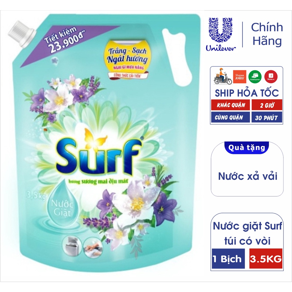 [Hoả Tốc] SURF Túi Nước Giặt 3.5kg 3.5 kg Xanh Hương Sương Mai có nắp vặn 3.3l 3.3 lít