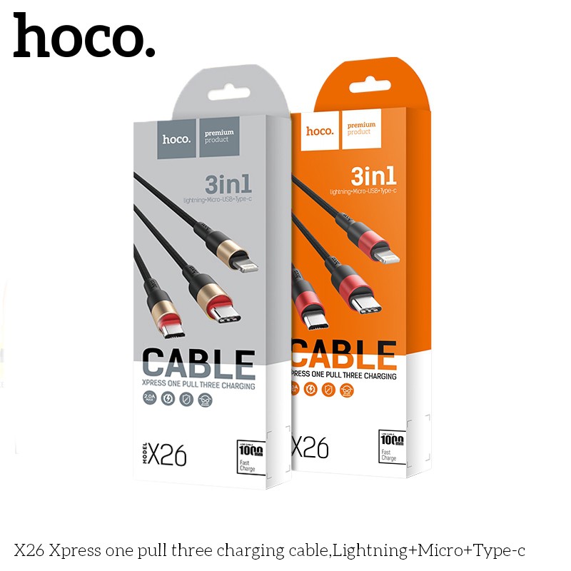 Cáp Sạc Nhanh 3 Đầu Chống Đứt Gãy Hoco X26 Micro Usb Type C dây dù dài 1m Bảo Hành 12 tháng
