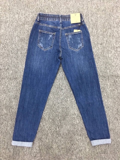 Quần jeans baggy túi xéo lưng thun nữ : trơn và xước C -Anh