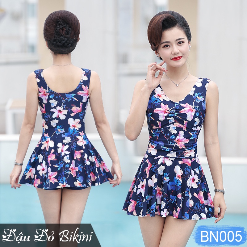 Bộ bơi trung niên dáng váy cộc tay, quần sooc đùi rời, màu sắc trang nhã phù hợp cho các mẹ &amp; các bà, chất đẹp | KT005