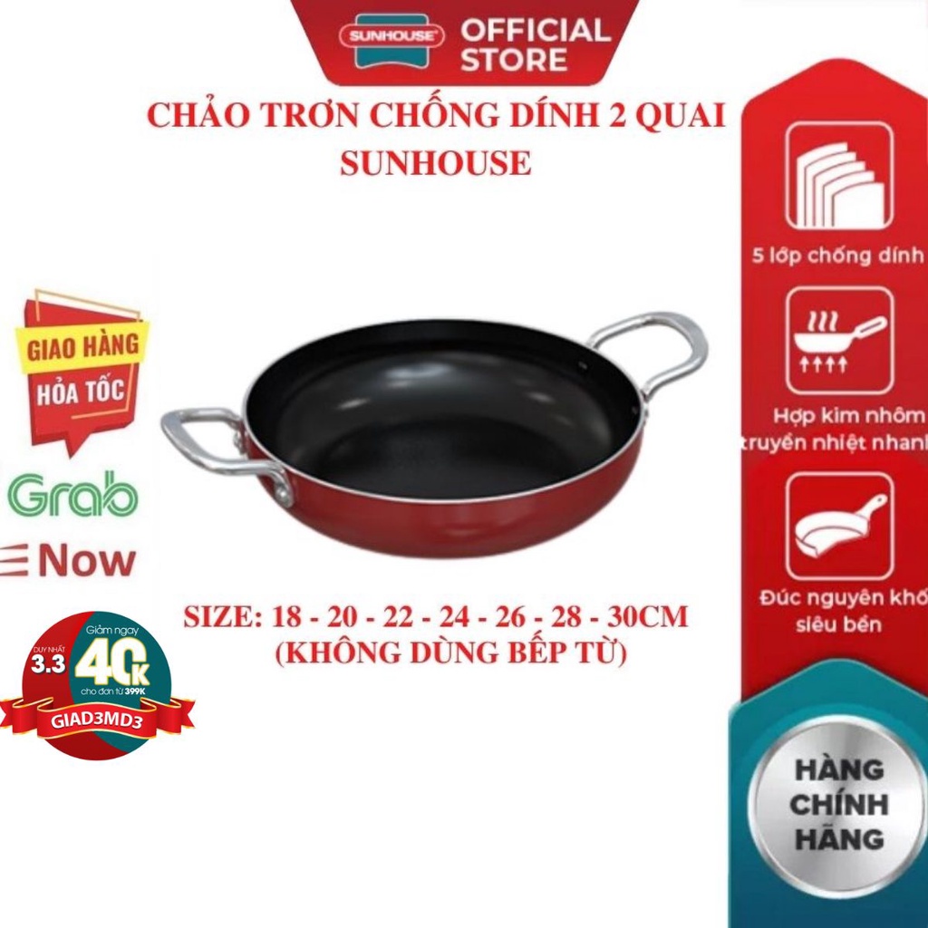 Chảo chống dính trơn SUNHOUSE 18 20 22 24 26 28 30 CM Siêu Dày (dùng được mọi loại bếp) Mới 100% Chính Hãng Bảo Hàng