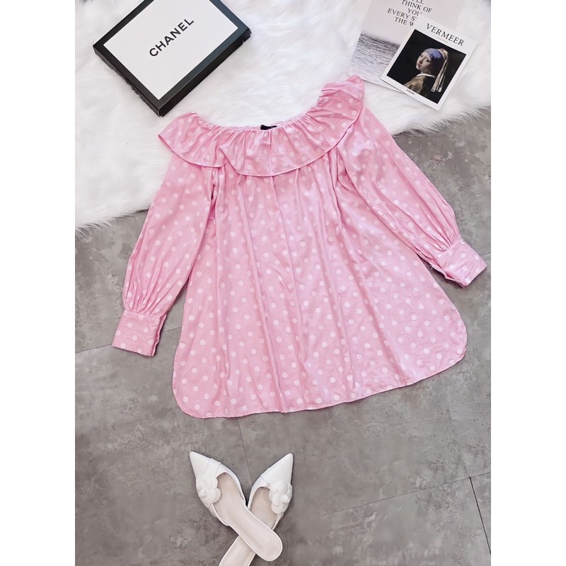 VNU216 - VÁY HỒNG CHẤM BI GIẤU QUẦN CỔ BÈO | BigBuy360 - bigbuy360.vn