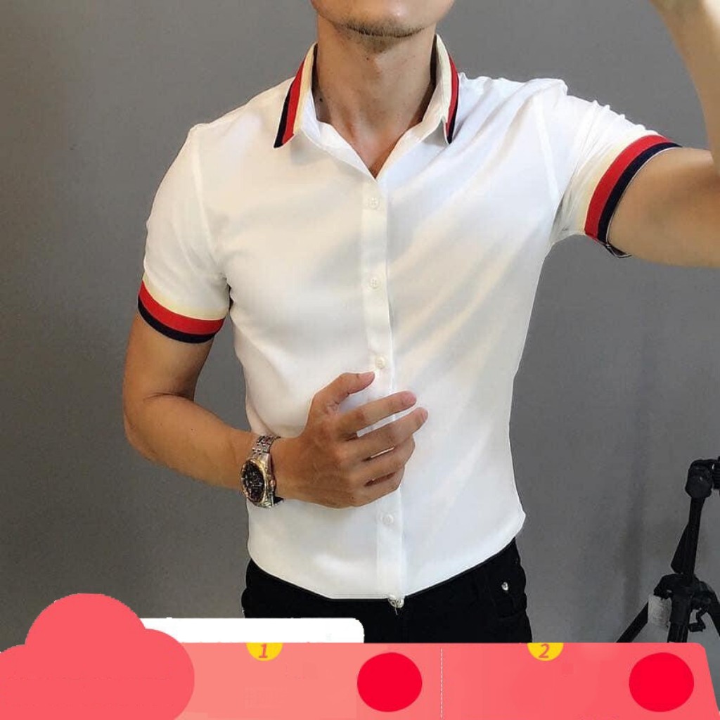 Áo Sơ Mi Nam Ngắn Tay Phối Viền Đỏ 💖Freeship💖 Thời Trang Mixupshop Chất Vải Đẹp,Thoáng Mát