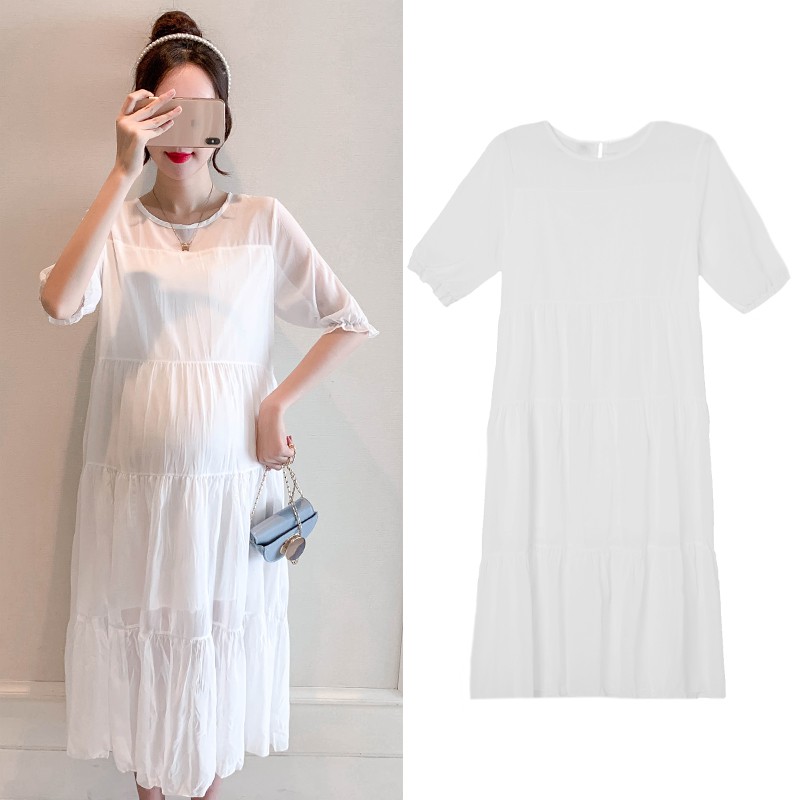 Đầm Maxi Tay Ngắn Dáng Rộng Chất Liệu Chiffon Màu Trắng Thời Trang Mùa Hè Có Size M-2xl Cho Mẹ Bầu