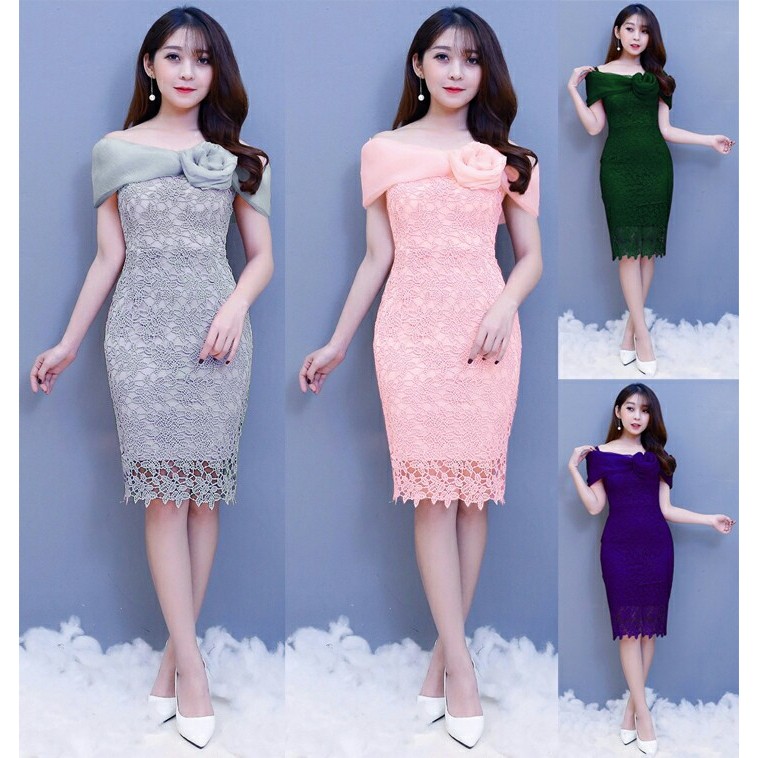 Đầm ren body trễ vai voan hoa hồng xinh xắn