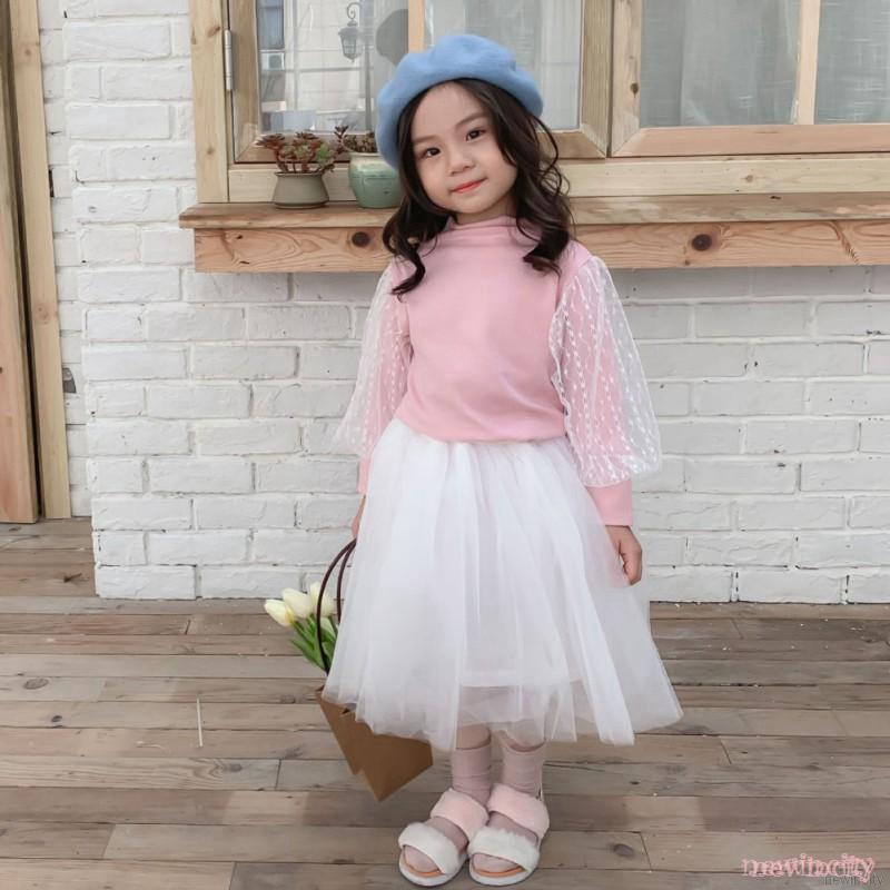 Set áo thun tay dài màu trơn &amp; váy công chúa Hàn Quốc cho bé gái