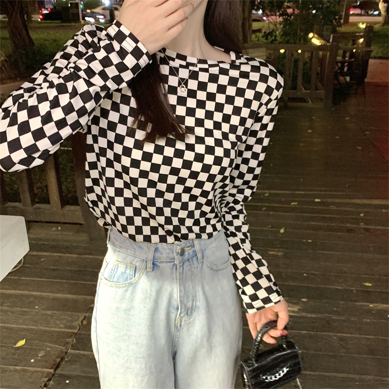 【ZHELIHANGFEI】Áo Thun Tay Dài Cổ Tròn Họa Tiết Sọc Caro Thời Trang