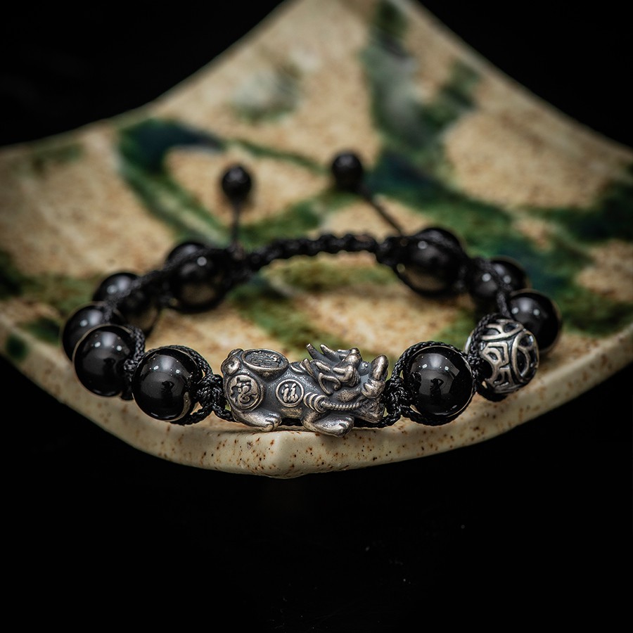 [QUÀ TẶNG/ LẮC TAY] Vòng tay phong thủy thời trang handmade đá thạch anh đen kim ngân tỳ hưu đan shamballa