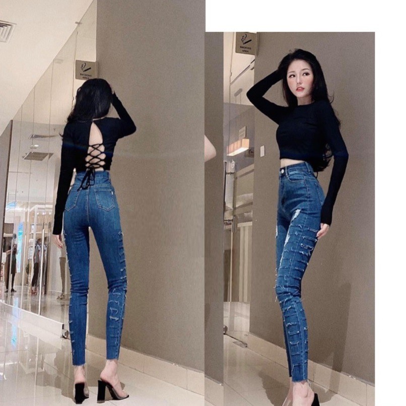 Quần jean nữ lưng cao RÁCH DÀI HAI HÔNG XUỐNG LAI mẫu mới cực đẹp, chất jean giãn tốt d-1-171