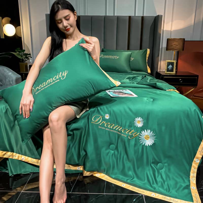 Bộ chăn ga gối lụa Dream city chăn trần hè mát lạnh , Set lụa phí bóng chăn hè mềm mịn nhập khẩu giá rẻ