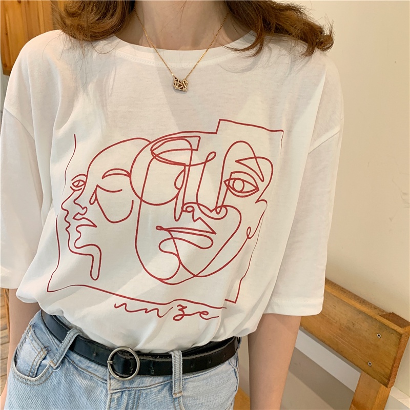 SUXI Áo thun ngắn tay cổ tròn in họa tiết cổ điển thời trang hàn quốc