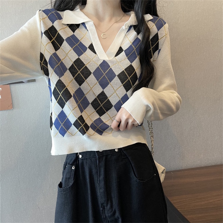 Áo len ZHELIHANGFEI cổ polo họa tiết hình thoi theo phong cách Mỹ dễ phối đồ