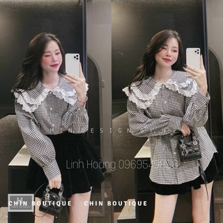 Áo sơ mi kẻ cổ bèo phối viền siêu xinh