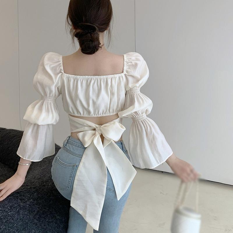 Áo Croptop Tay Dài Chất Chiffon Phối Nơ Thiết Kế Cổ Vuông Thanh Lịch