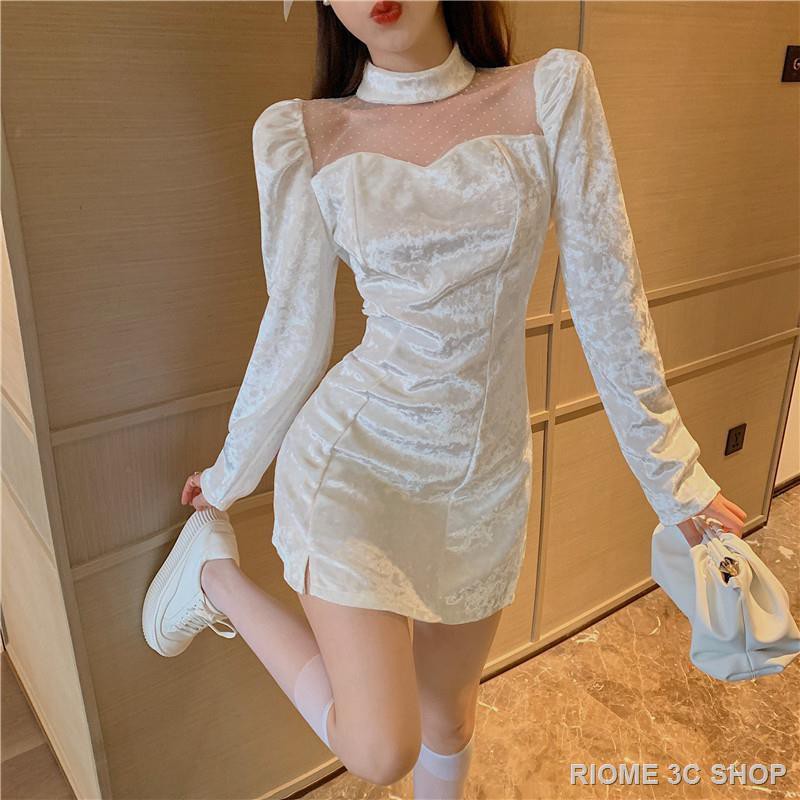 【Nước hoa miễn phí】Đầm Nhung Dài Tay Phối Họa Tiết Chấm Bi Thanh Lịch Dành Cho Nữ
