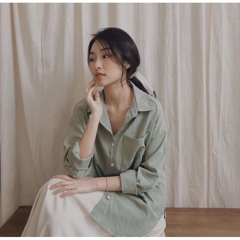 Áo sơmi oversize linen trắng xanh tay dài (ảnh thật)