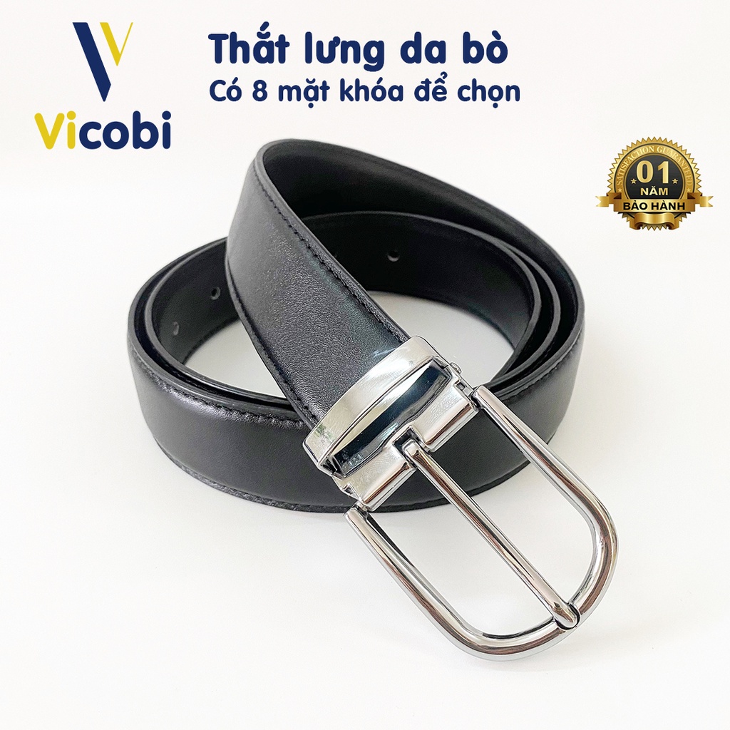 Thắt lưng Nam Da Bò Vicobi, Dây lưng TRƠN CHỈ ĐEN 3,3cm có 8 mặt khóa hợp kim khác nhau, made in VietNam thumbnail
