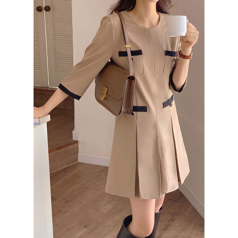 Đầm xếp ly cổ tròn thanh lịch phong cách Hàn Quốc 48359