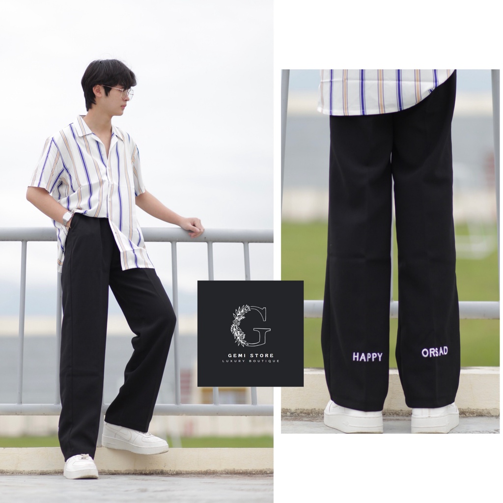 Quần Vải Suông Nam Nữ HAPPYORSAD Line Đen ( Line Pant MA99 Ống rộng )