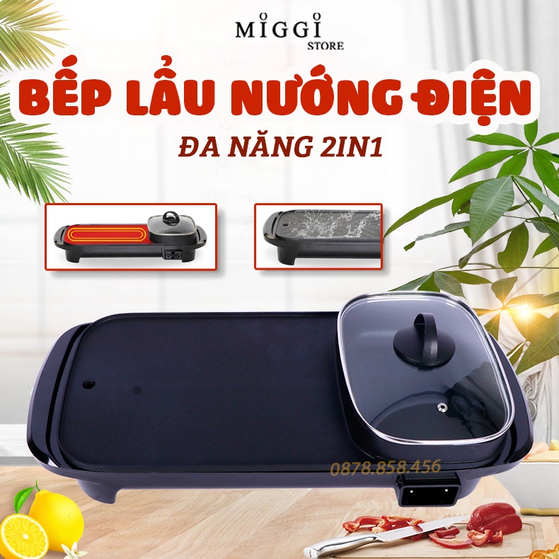 Bếp lẩu nướng đa năng 2 in 1 - Bếp lẩu nướng điện không khói - Chống dính cao cấp - Bảo hành 12 tháng
