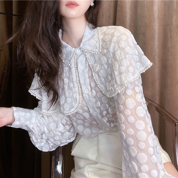 Áo sơ mi lưới mỏng dáng rộng tay lồng đèn đính kim cương kiểu Pháp thu đông cho nữ