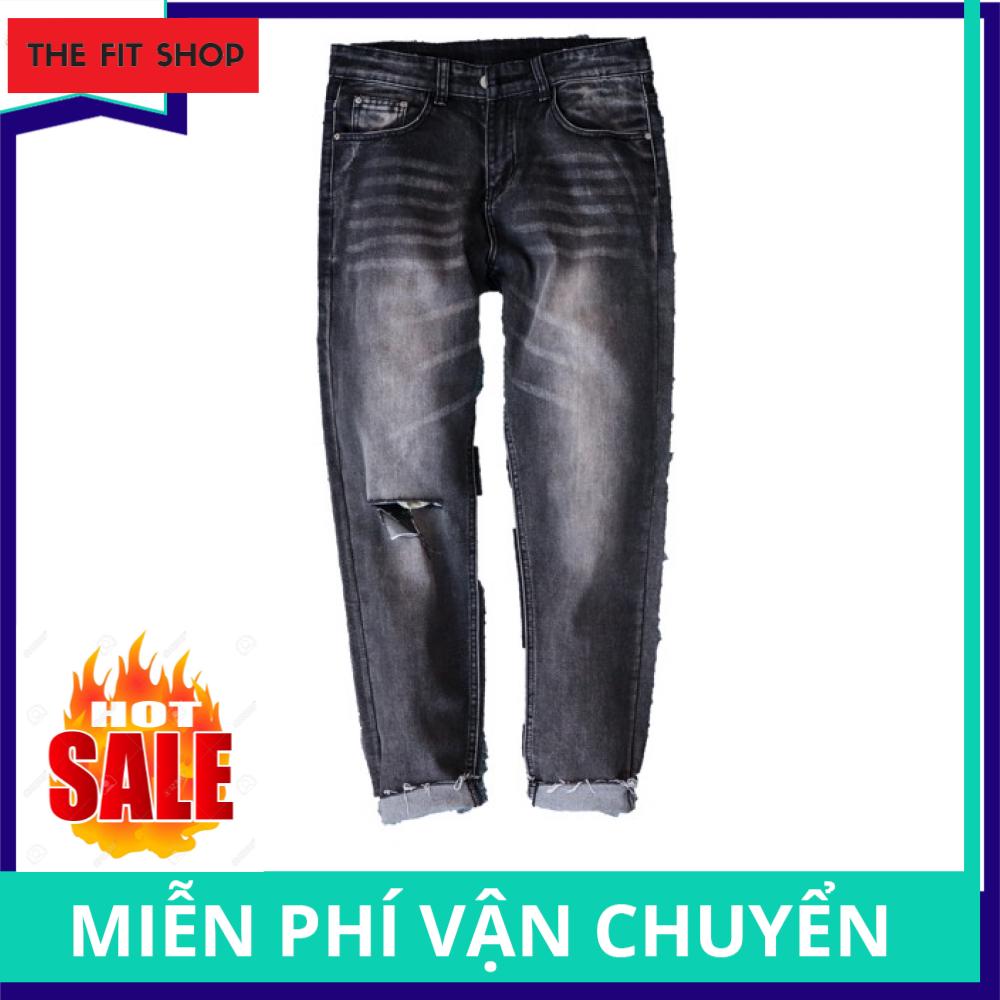 Quần Jeans Nam cá tính hàn quốc rách gối 1 bên màu xám đen QJ6033
