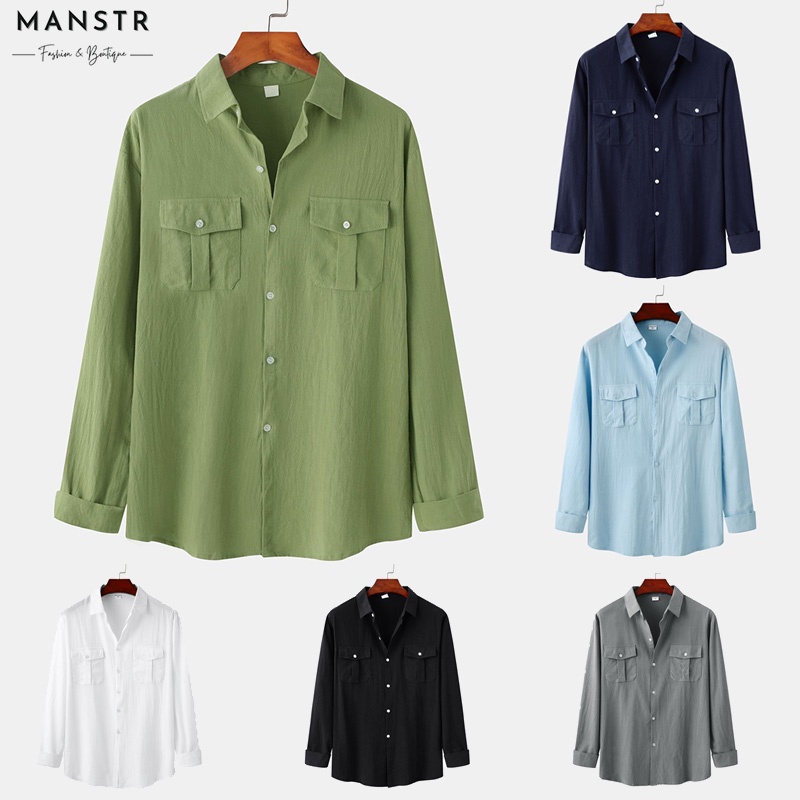 Áo Sơ Mi Trơn Tay Dài Bằng Cotton Linen Có Hai Túi Màu Trơn Dễ Phối Đồ Kích Thước Lớn / Xanh Navy / Nhạt / Đen / Trắng / Xám Cho Nam
