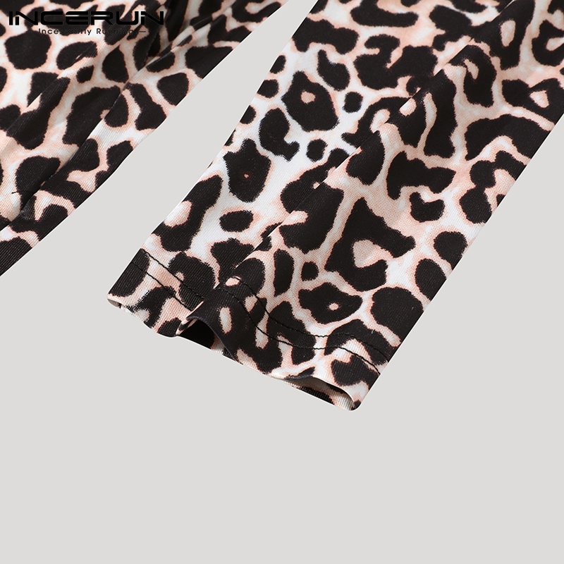 Áo liền quần INCERUN tay dài cổ chữ V họa tiết da beo thời trang dành cho bạn nam