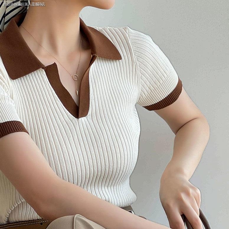 Áo Thun polo Tay Ngắn Cổ Chữ V Màu Sắc Tương Phản Thời Trang Mùa Hè Dành Cho Nữ