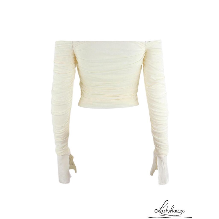 Áo Croptop Trễ Vai Phối Lưới Tay Loe Màu Sắc Trơn Thời Trang Cho Nữ