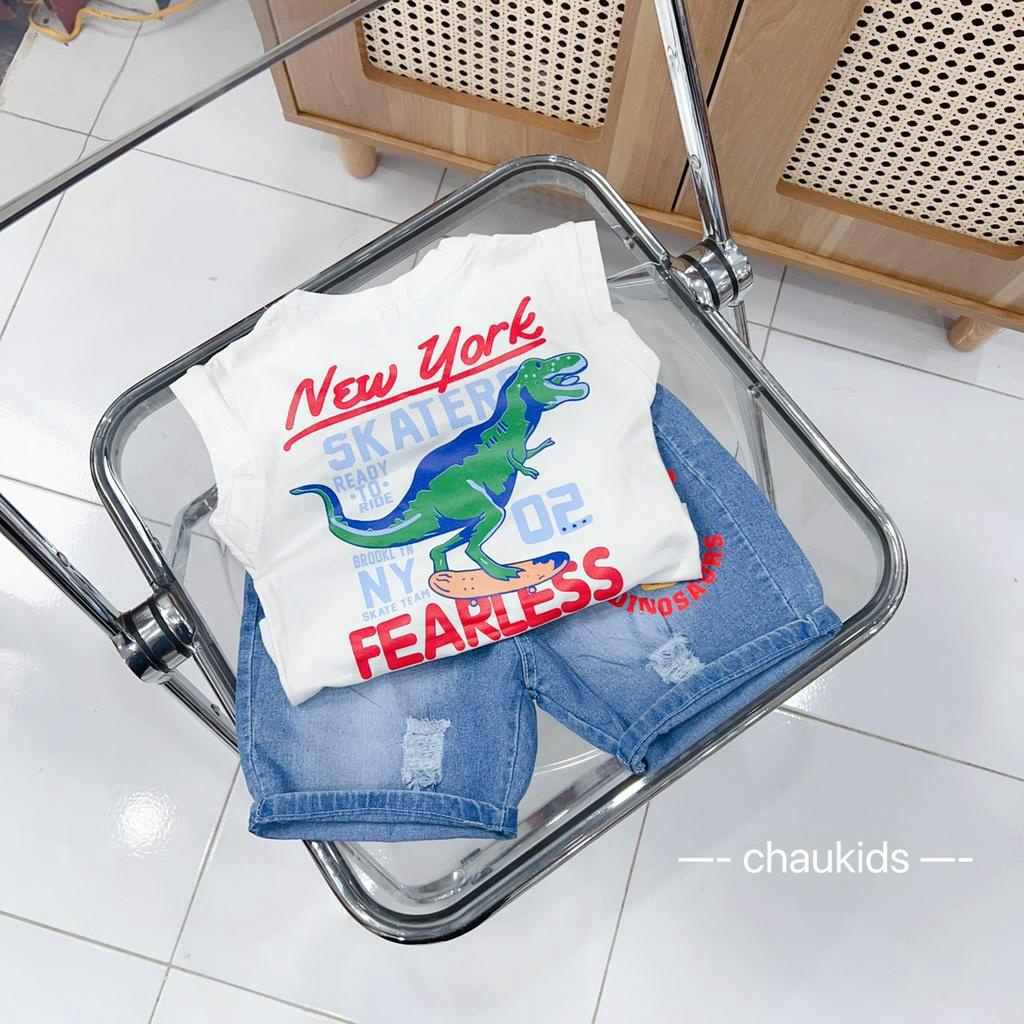 [SALE] Đồ Bộ Cho Bé Trai Áo Cotton Quần Jeans In Khủng Long, Bộ Quần Áo Cộc Tay Hến Hàn Quốc Cho Bé Mặc Hè CK341