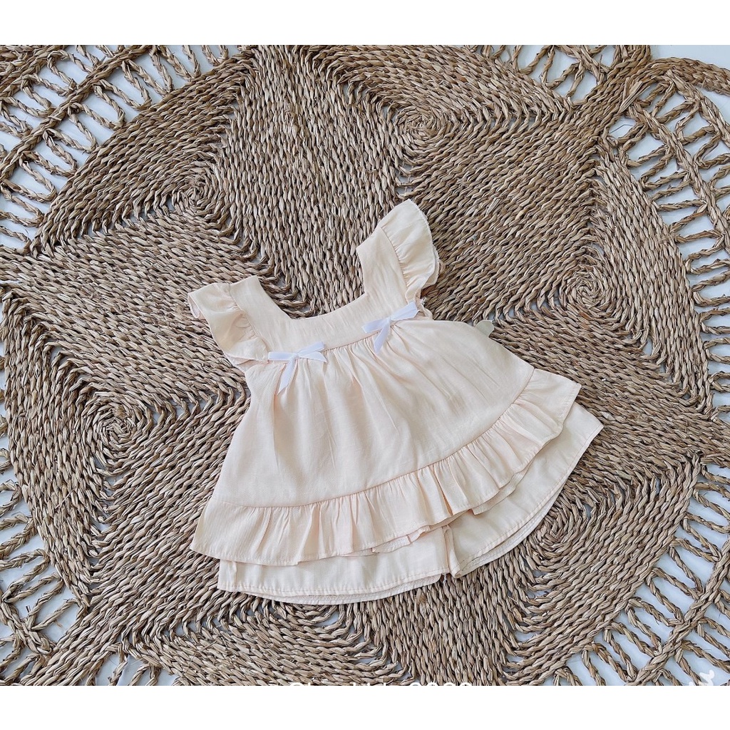 Bộ cộc tay bé gái, bộ áo cánh tiên chất đũi mềm cổ vuông phần ngực 2 nơ nhỏ cho bé